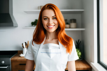 A young woman in an apron prepares a healthy food of vegetables in the kitchen. Generative ai.	
