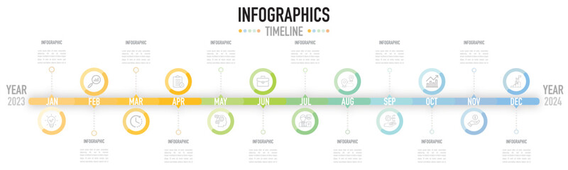 Infographic 12 months timeline template as a vector with colorful circle shape and icons from year of 2023 to 2024 on white background for business planner or calendar, progress to goal simple minimal