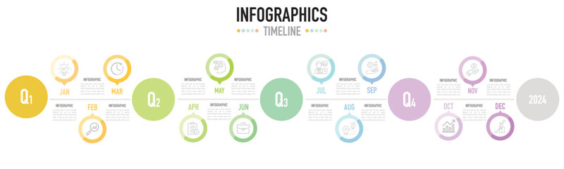 Infographic 12 months template as a vector including 4 quartile with colorful circle shape on white background, icons, planning from 2023 to 2024, simple and minimal style, progress to goal, business