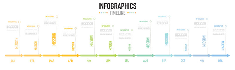 Infographic timeline template as a vector for 12 months planner, colorful label, simple and minimal style, for business planning presentation on white background, make mission of the year and future - obrazy, fototapety, plakaty