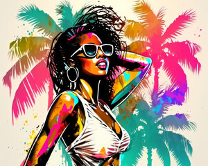 Obraz na płótnie Canvas girl in bikini. stylized art concept. colorful palm trees in background.