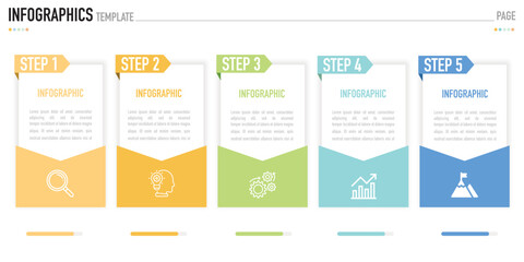 Infographic template as a vector has 5 steps, elements or process, with colorful rectangles and icons, simple or minimal style, on white background for business work presentation and 5 topic labels