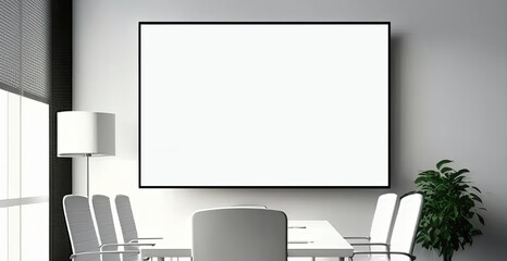 office interior with a table. big blank screen projector in background.