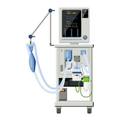 Medical equipment, ventilators on wheelchairs, screens showing patient vital signs Artificial lung at the end of the tube. Critically ill patients Life Support or Resuscitation