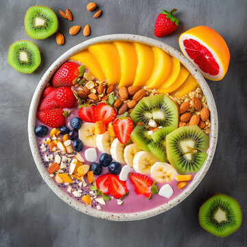 A healthy smoothie bowl with fruits, plain grey background, top down view, generative AI