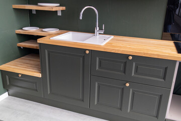 home interior green fashion kitchen design sink and faucet in house