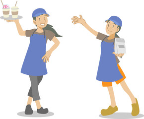 商品を持ってポーズをとる女性店員たち