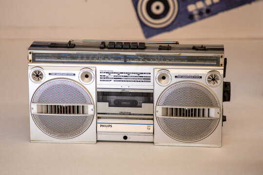 philips 1980s Silver radio boom box Retro boombox ghetto blaster outdated portable grey radio receiver with cassette recorder