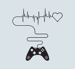 Gamepad with a heartbeat and love vector. Gamer design concepts with cardiac rhythm, and funny ECG.