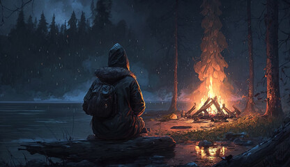 A man sits by a campfire in the rain, Generative Ai