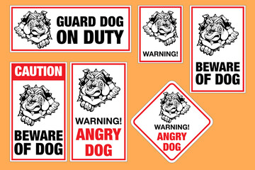 Beware of dog and angry dog warning sign. Vector of a cute dog, bull terrier, bulldog, pitbull. Print for poster or t-shirt, stickers. Eps10 vector illustration.