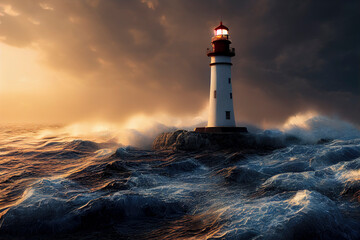 Waves hitting a lighthouse at sunset, seascape with a gloomy sky, dramatic lighting, generative AI