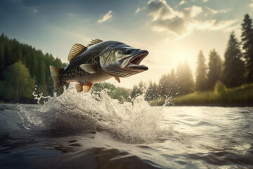 Fototapeta premium Bass fish jumping out of river. Generative AI