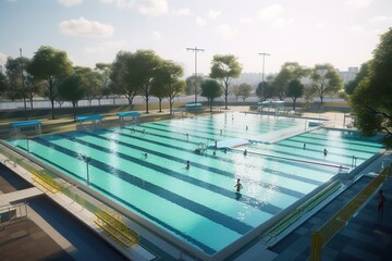 Obraz premium design sculpture garden, large outdoor theater, playground ,community pool for swimmin , generative artificial intelligence