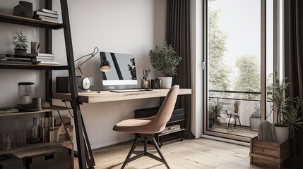 Modern small office with chair and desk, interior. Where it's good to work because it's comfortable. Generative AI