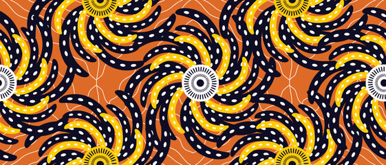 African ethnic traditional orange pattern. seamless beautiful Kitenge, chitenge, Ankara style. fashion design in colorful. Geometric circle abstract motif. Floral yellow prints, African wax prints - obrazy, fototapety, plakaty