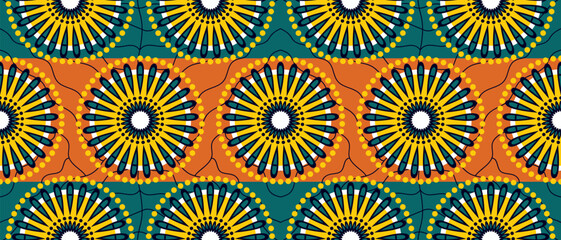 African ethnic traditional green pattern. seamless beautiful Kitenge, chitenge,Ankara style. fashion design in colorful. Geometric circle abstract motif. Floral Ankara prints, African wax prints