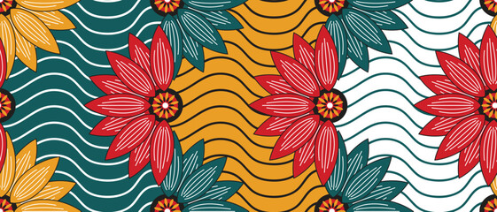African ethnic traditional pattern. seamless beautiful Kitenge, chitenge, Ankara style. fashion design in colorful. red, green, yellow flower motif. Curvy Wave Ankara prints, African wax prints - obrazy, fototapety, plakaty