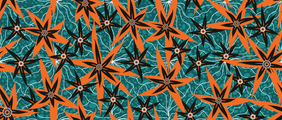 African ethnic traditional blue green pattern. seamless beautiful Kitenge, chitenge, Ankara style. fashion design in colorful. orange flower motif. Ankara prints, African wax prints