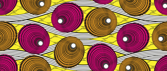 African ethnic traditional yellow pattern. seamless beautiful Kitenge, chitenge, Ankara style. fashion design in colorful. Geometric circle abstract motif. Curvy wave line, African wax prints - obrazy, fototapety, plakaty