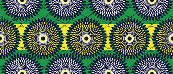 African ethnic traditional green pattern. seamless beautiful Kitenge, chitenge,Ankara style. fashion design in colorful. Geometric circle abstract motif. Floral Ankara prints, African wax prints