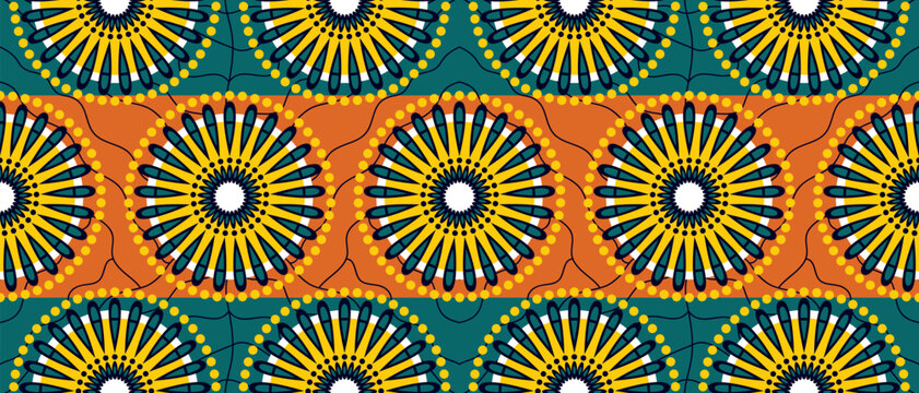 African ethnic traditional green pattern. seamless beautiful Kitenge, chitenge,Ankara style. fashion design in colorful. Geometric circle abstract motif. Floral Ankara prints, African wax prints