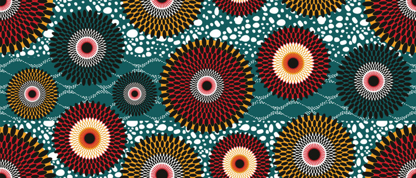 African ethnic traditional green pattern. seamless beautiful Kitenge, chitenge,Ankara style. fashion design in colorful. Geometric circle abstract motif. Floral Ankara prints, African wax prints