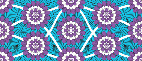 African ethnic traditional blue pattern. seamless beautiful Kitenge, chitenge, Ankara style. fashion design in colorful. purple flower abstract motif. Floral  Ankara prints, African wax prints. - obrazy, fototapety, plakaty