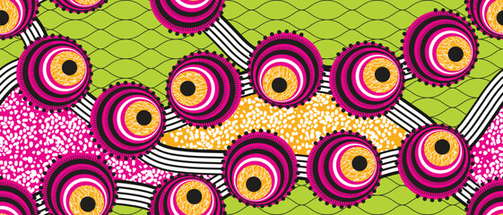African ethnic traditional green pattern. seamless beautiful Kitenge, chitenge, Ankara style. fashion design in colorful. Geometric pink circle abstract motif. curvy wave. African wax prints - obrazy, fototapety, plakaty
