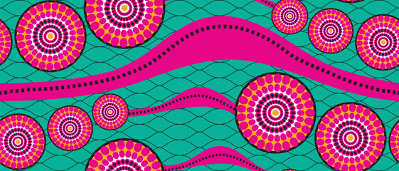 African ethnic traditional blue pattern. seamless beautiful Kitenge, chitenge, Ankara style. fashion design in colorful. Geometric pink circle and curvy wave abstract motif. African wax prints - obrazy, fototapety, plakaty