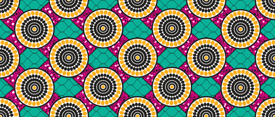 African ethnic traditional pattern. seamless beautiful Kitenge, chitenge, Ankara style. fashion design in colorful. Geometric circle abstract motif. Floral flower Ankara prints, African wax prints