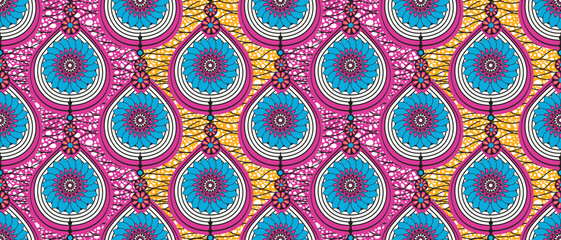 African wax print pattern. seamless beautiful Kitenge, chitenge, dutch wax, and Angara style. fashion design in colorful. geometric abstract water drop pattern. African Wax Print Fabric.