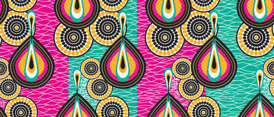 African wax print pattern. seamless beautiful Kitenge, chitenge, dutch wax, and Angara style. fashion design in colorful. geometric abstract water drop pattern. African Wax Print Fabric. - obrazy, fototapety, plakaty