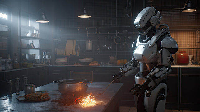Robot AI Chef wearing chefs outfit. Generative AI