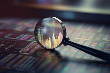 Magnifying glass search of investing and stock market over a graph chart. Generative AI