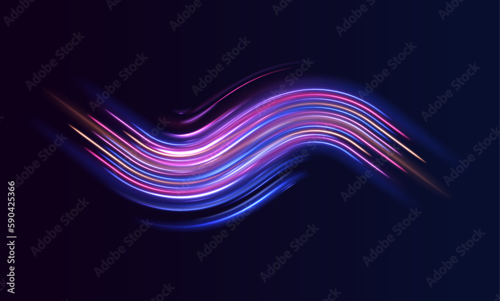 Poster Magic of moving fast speed police lines. Red and blue glowing neon lights line. Particle motion effect. Abstract fire flare trace lens flares. Luminous stripes on a transparent background. Vector