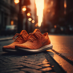 Running shoes in the street at sunset. Generative AI