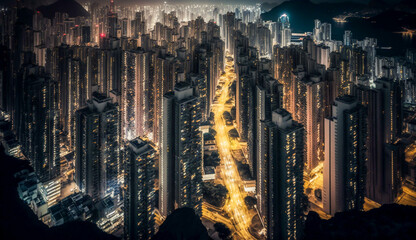 View of many modern high-rise buildings in the capital aerial view at night, Generative ai.