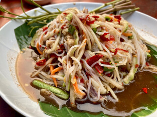 Papaya Salad with Vermicelli, Salted Crab and Fermented Fish, Famous Northeastern food in Thailand.
