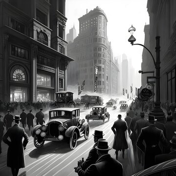 1900s new yor city heavy traffic cartoon sketch hyper realistic illustration black and white depressed steampunk 