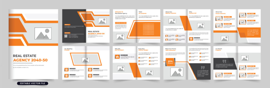 Home sale business magazine and portfolio design with orange and dark colors. Modern real estate agency booklet template design with photo placeholders. Creative House selling company brochure vector.