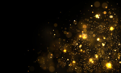 Fototapeta na wymiar Magic shine of stars or dust particles sparks with bokeh effect. Festive vector background with gold glitter and confetti for christmas celebration.