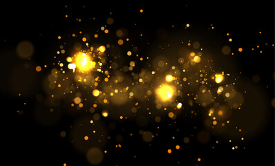 Background with falling golden glitter particles. Falling gold confetti with magic light. Beautiful light background