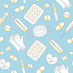 seamless blue pattern with white patterns with yellow accents pills protective mask medical gloves medicine