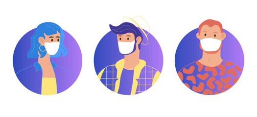 Covid 19 People wearing protective masks avatar gradient man wearing yellow hat and mask