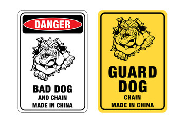Bad Dog, Chain made in China. Beware of dog. Humorous Comic Signs. Eps10 vector illustration.