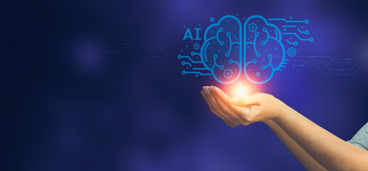 Human holding a virtual ai brain diagram. New concept and future technology. digital virtual change of mind and Empowering global business potential with AI, and digital software, with copy space