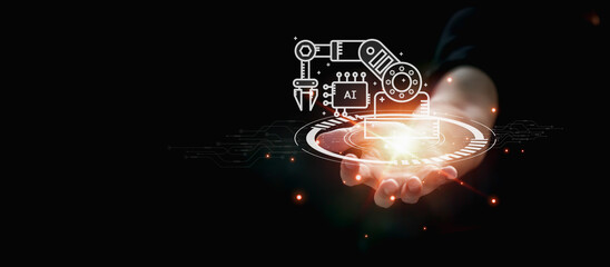Obraz premium Man holding robotic arm diagram. Virtual reality. New concept and futuristic technology. Virtual digital conversion and empowering global business with AI and digital software with copy space.
