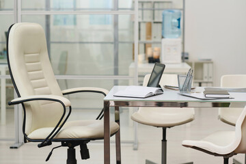 Horizontal image of workplace of manager in modern medical office for meeting