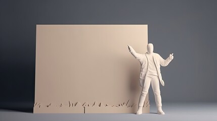 A mannequin gestures towards a blank canvas in a dramatic pose. - obrazy, fototapety, plakaty